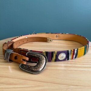 Vintage Woven Serape Leather Belt Intricate Silver Buckle Colorful Stripes 32-34